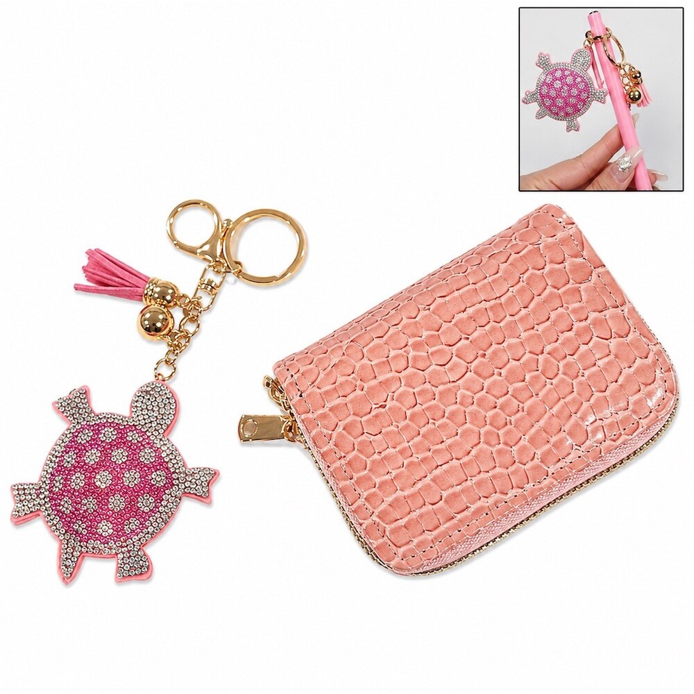 2 pc Pink zip Wallet sparkly bling Turtle Keychain purse Charm Set  cute gift